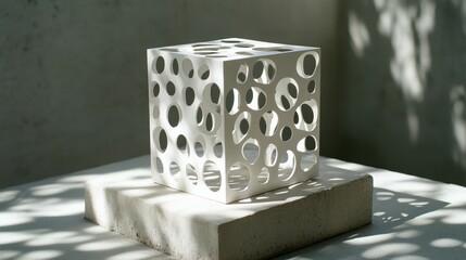 Poster - Geometric sculpture casting intricate shadows in minimalist studio space natural light art concept