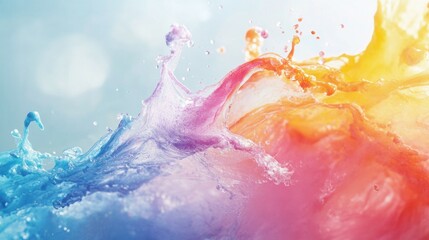 Poster - Dynamic rainbow-colored paint splashes captured midair abstract art vibrant environment close-up