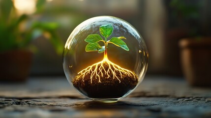 Wall Mural - A vibrant green plant with delicate leaves is enclosed in a glass sphere, showcasing its roots glowing with light, symbolizing growth and life.