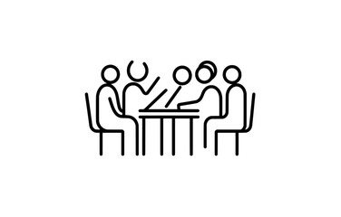 Poster - A continuous line drawing illustrating business professionals in a conference room, discussing marketing strategies and brainstorming project ideas.