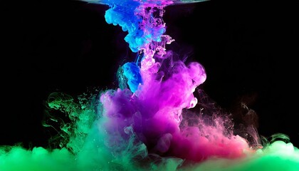 Poster - Dynamic splash of vibrant color featuring paint, water, or smoke against a dramatic dark background, forming an abstract pattern with fluid movement and a striking, ethereal quality.