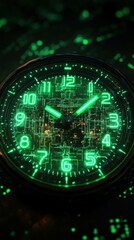 Poster - Glitchy neon green clock face displaying dynamic numbers in urban nighttime environment