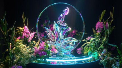 Poster - Illuminated glass figurine display floral arrangement art installation indoor artistic concept