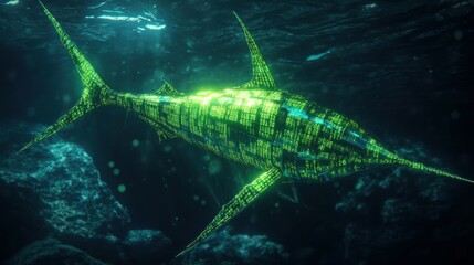 Poster - Glowing neon green swordfish forming matrix code underwater scene digital art ocean depths futuristic concept