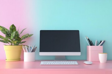 Poster - A modern workspace featuring a computer, stylish plant, and colorful stationery against a pink and teal backdrop.
