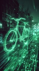 Poster - Glitching neon green bicycle in urban nightscape dynamic digital art futuristic vibe