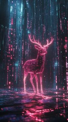 Poster - Pixelated neon deer amidst matrix rain virtual environment digital art futuristic concept