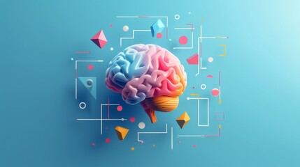 Aufkleber - A vibrant 3D brain model is surrounded by geometric patterns and abstract elements in various colors. The dynamic design on a gradient background reflects creativity, technology, and innovation in the