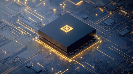 Poster - Futuristic depiction of an AI chip glowing on a digital circuit board, blue and gold hues dominating the design.