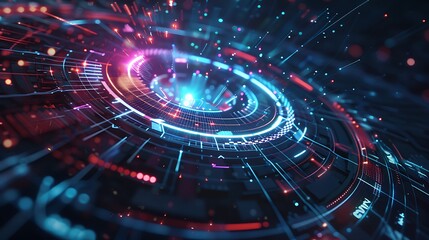 Poster - A vibrant digital abstract design featuring concentric circles and glowing particles, representing technology and innovation.