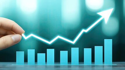 Poster - Growing stock market visualization, a hand holding a glowing arrow on a futuristic interface.