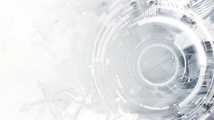 Poster - A futuristic, abstract design featuring circular patterns and digital elements in a monochromatic color scheme.
