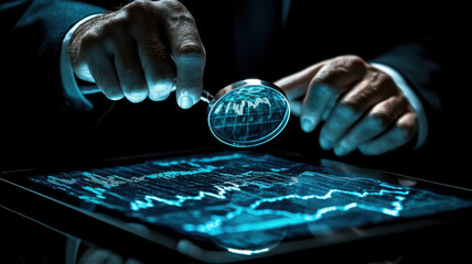 Poster - businessman examines digital tablet displaying holographic stock market data with magnifying glass, highlighting financial analysis and technology