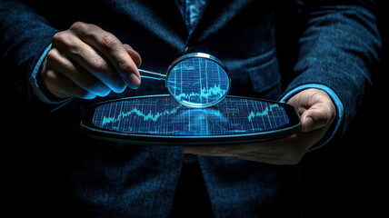 Poster - businessman examines digital tablet displaying holographic stock market data with magnifying glass, highlighting financial analysis and technology