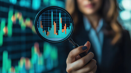 Poster - business analyst examines stock graph through magnifying glass, highlighting financial data analysis. image conveys focus and precision in financial sector