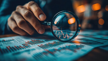 Poster - financial professional closely examines investment data with magnifying glass, focusing on charts and graphs in dimly lit office setting, highlighting attention to detail