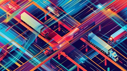 Poster - A vibrant, abstract illustration of a busy highway with trucks, showcasing dynamic movement and modern transportation.