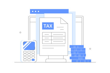 Poster - Filling tax from, analyzing. Financial audit concept. Online tax. Digital invoice form, calculator and auditing reports. Flat Cartoon Vector Illustration, icon. Stylish abstract