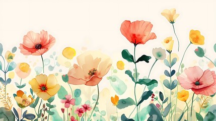 Poster - A vibrant watercolor illustration of various flowers in soft colors, creating a serene and cheerful atmosphere.
