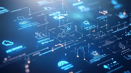 Poster - Abstract Digital Network: Blue Glowing Data Stream and Icons