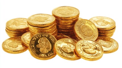 Poster - Golden Coins Stacked in a Pile on White Background