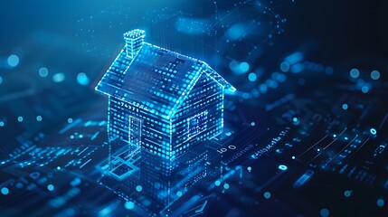 Poster - A digital representation of a house made of glowing data, symbolizing smart homes and technology integration.