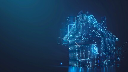Poster - A digital representation of a house made of glowing data elements, symbolizing technology and innovation in architecture.