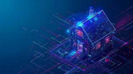 Poster - A futuristic digital house design with neon elements and circuit-like patterns, representing smart home technology.