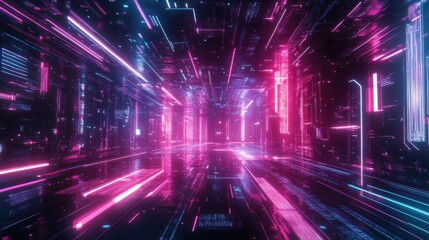  - A vibrant, futuristic digital landscape with neon lights and dynamic motion effects.