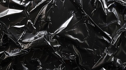 Poster - A close-up view of crumpled black plastic material, showcasing texture and shine.