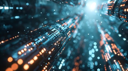 Poster - Abstract digital landscape featuring illuminated tubes and particles, evoking a futuristic technology theme.