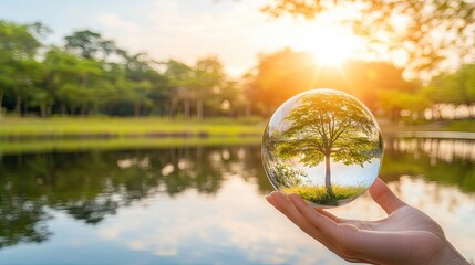 Poster - Robot hand symbolizing environmental care, holding a clear glass globe with a healthy tree inside.