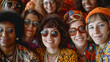 © Rohit k  - Diverse and joyful group of people in vibrant 70s attire and stylish sunglasses, capturing the spirit of unity and togetherness in 1970s fashion trends