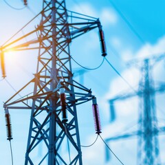 Poster - A close-up of a power transmission tower against a blue sky, showcasing electrical insulators and the structure's intricate design.