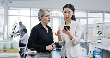 Poster - Business women, social media and mobile phone with email, news and communication as employees. Female people, tech and gossip as team for conversation, bonding and chat in accounting firm or office