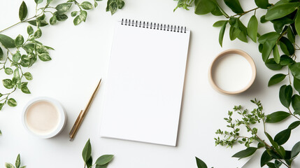 Aufkleber - White table copy space office background with office supplies and notebook. White empty table template close up workplace tabletop with laptop and plant. Office concept table with coffee cups