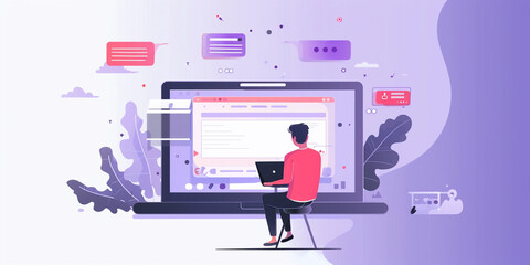 Illustration of a person coding on a laptop with a large abstracted computer interface in the background.