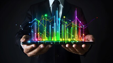 Poster - A businessman holding a tablet displaying colorful data visualizations, representing analytics and technology.