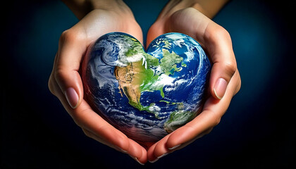 Wall Mural - Heart-shaped earth in hands. World care concept, environmental protection, sustainability, save the planet, love for nature, eco-friendly, global responsibility, caring for the earth, black background
