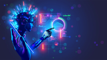 Poster - AI. Digital AI in phone in hand. AI Bot on screen mobile smartphone communication with cloud computing. Artificial intelligence Processing Big Data and Cloud Computing. Chatbot AI mobile technology.
