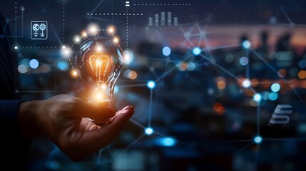 Poster - A hand holding a glowing light bulb amidst a digital network, symbolizing innovation and technology.