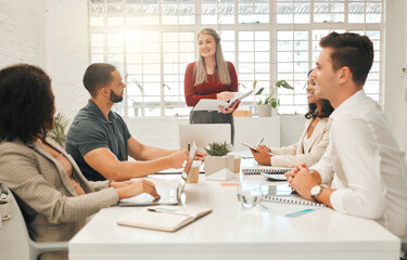 Poster - Presentation, meeting and business people in office for planning creative project for startup. Discussion, collaboration and team of professional graphic designers with manager for company insights.