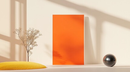 Poster - Bright orange panel stands out against minimalist backdrop with soft textures and shadows in contemporary space