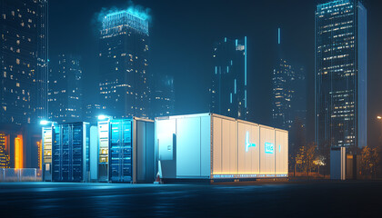 Poster - Power storage solutions showcase urban environment night scene technology innovation peak energy applications