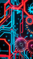 Poster - futuristic circuit board with glowing connections advanced technology electronic motherboard innovation semiconductor high-tech design vertical format