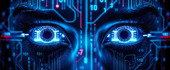 Poster - glowing digital robotic eyes artificial intelligence cybernetic design sci-fi futuristic concept high-tech innovation neural network technology