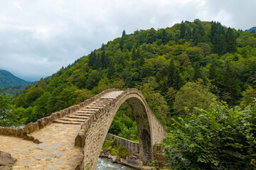 senyuva bridge and forest covered mountains. firtina river in rize turkey