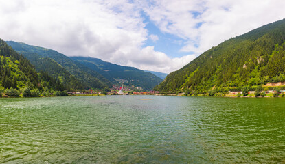 Wall Mural - panoramic view of uzungol town and lake in trabzon turkey
