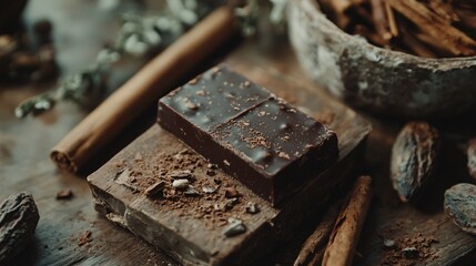 Poster - Close-up of a rustic chocolate bar alongside cacao beans, styled with cinnamon sticks and dried herbs