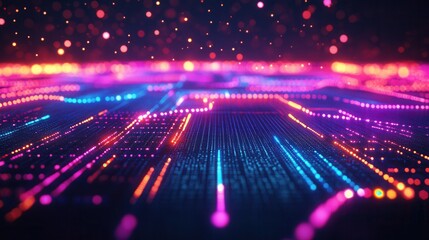  - A vibrant digital landscape with glowing lines and dots, representing data flow and connectivity.
